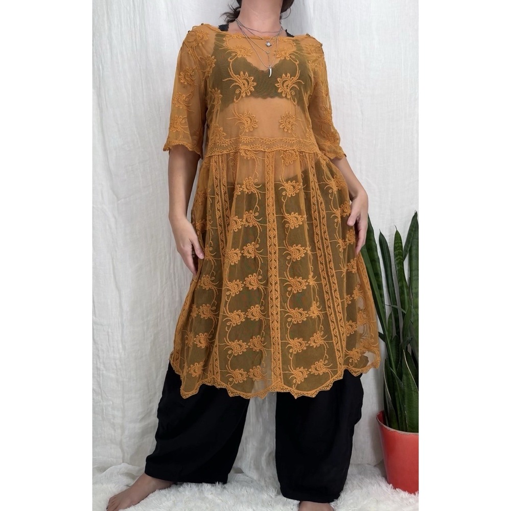 Boho Embroider Tunic Dress M Sheer Mesh Hippie Oversize Lagenlook Earthy Orange